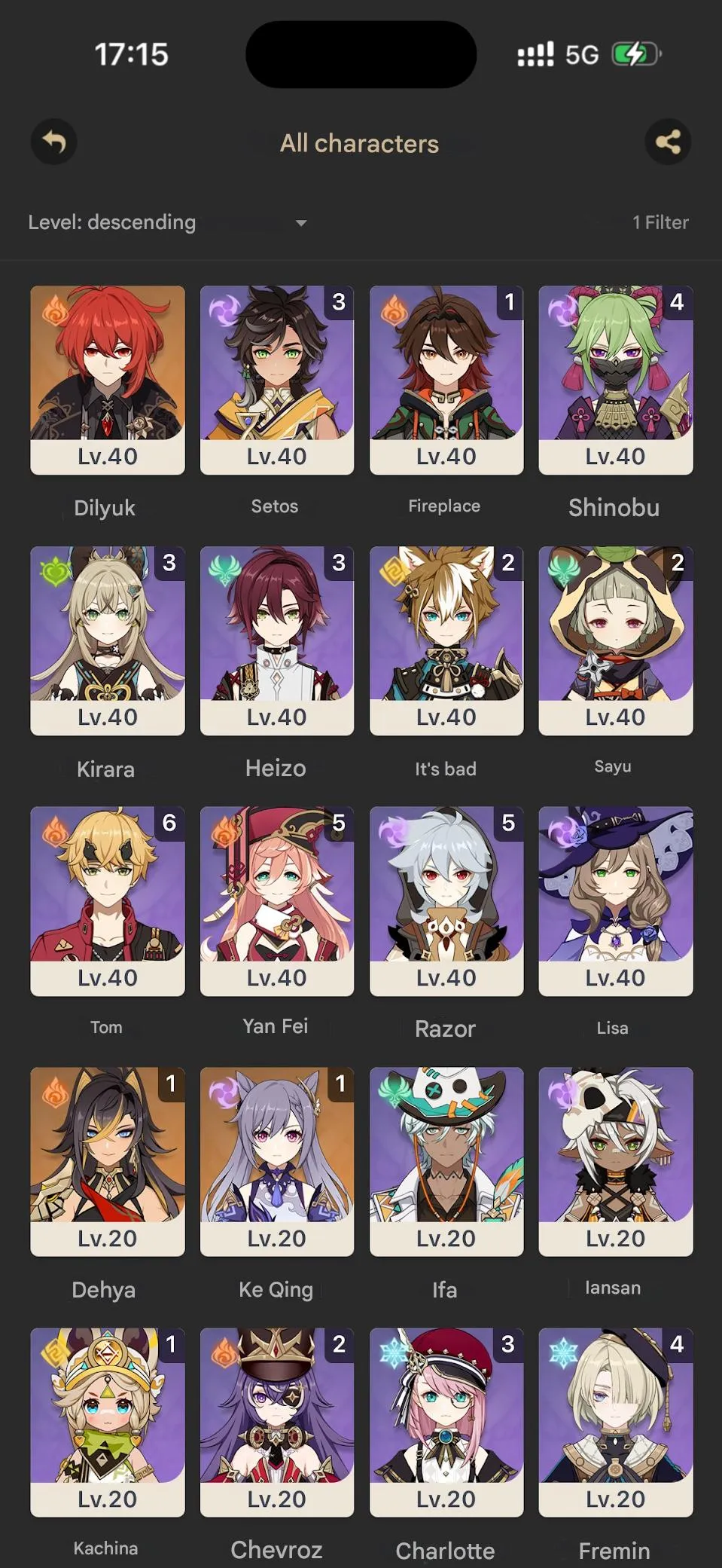 GI1173 High AR58 Navi S1 + First Great Magic, Lini + First Great Magic, Furina, Mavuika, Kazuha, Zhongli, Kinish, Arlecchino 